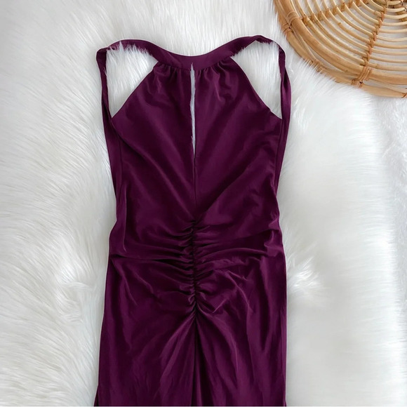 Camille Flawless Open Back Maxi Long Dress Purple Ruched Slit Low V-back Bodycon - Picture 3 of 12